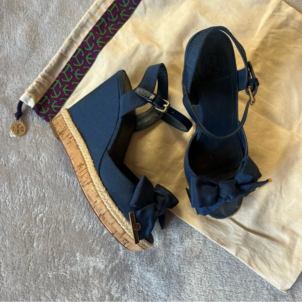 Tory Burch Blue Canvas and Leather Espadrille Wedge Ankle Strap Sandals